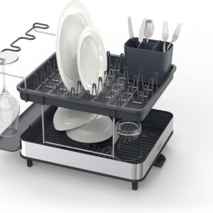 Joseph Joseph Dish Drying Rack with Wine Glass Holder - Space-Saving 2-Tier Design with Fast Draining System