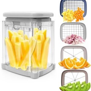 French Fry Cutter. 4 in 1 Potato Wedge Cutter with 4 Blades. Manual Press Food Chopper with Container for Fruit Vegetable Potato Wedge