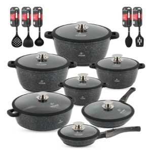 Cookware Set 29 pieces with Multiple Layer Granite Coating and Silicone Handles